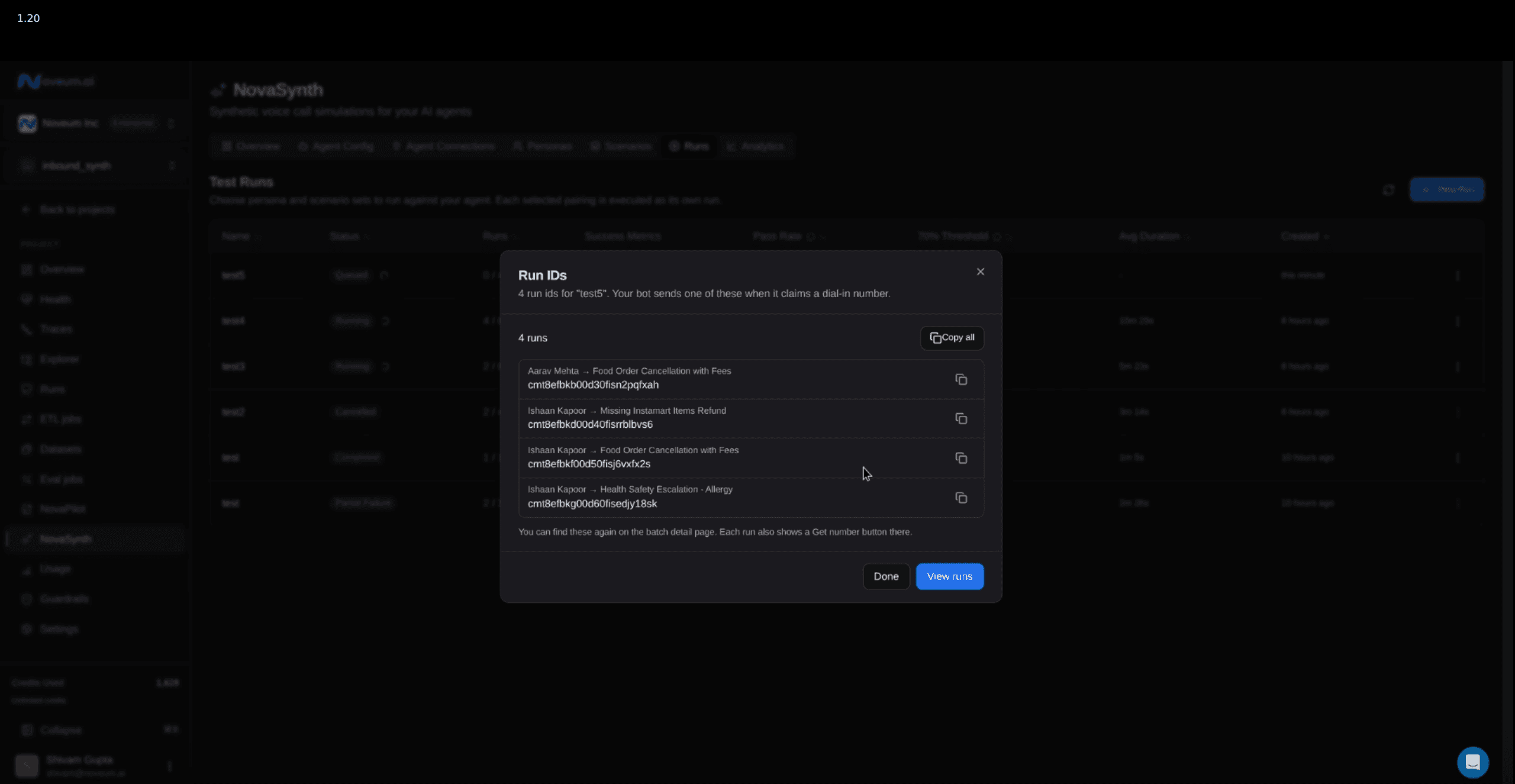 The Run IDs dialog shown after creating an inbound batch, with the Copy all button