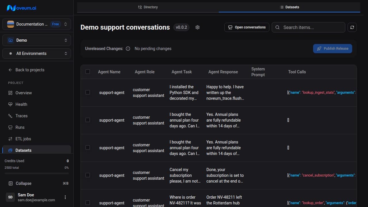 Published Demo support dataset with item search, release controls, and mapped agent fields for each item