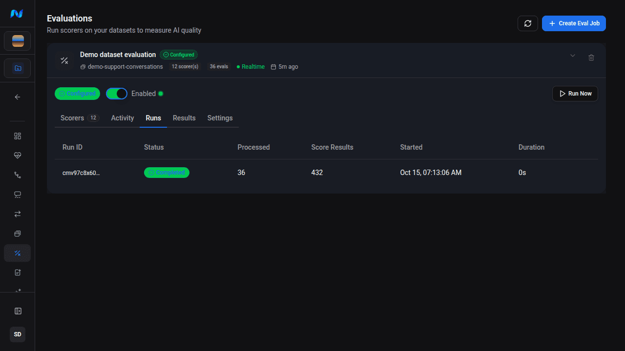 Demo evaluation Runs tab with a completed run, processed item count, scorer result count, and Run Now action
