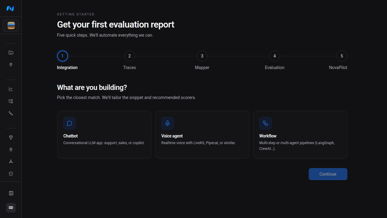 Authenticated first step of guided onboarding showing the five-step Integration, Traces, Mapper, Evaluation, and NovaPilot journey plus Chatbot, Voice agent, and Workflow application choices