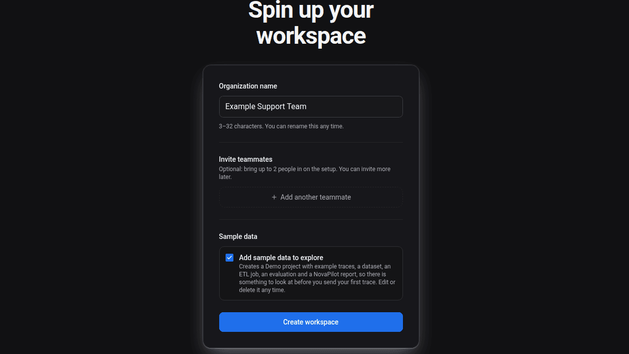 Create workspace form for Example Support Team with the Add sample data to explore option selected