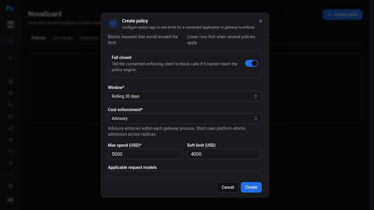 Authenticated NovaGuard Create policy dialog configured for a cost cap, with rolling-window, maximum-spend, soft-limit, and fail-closed controls