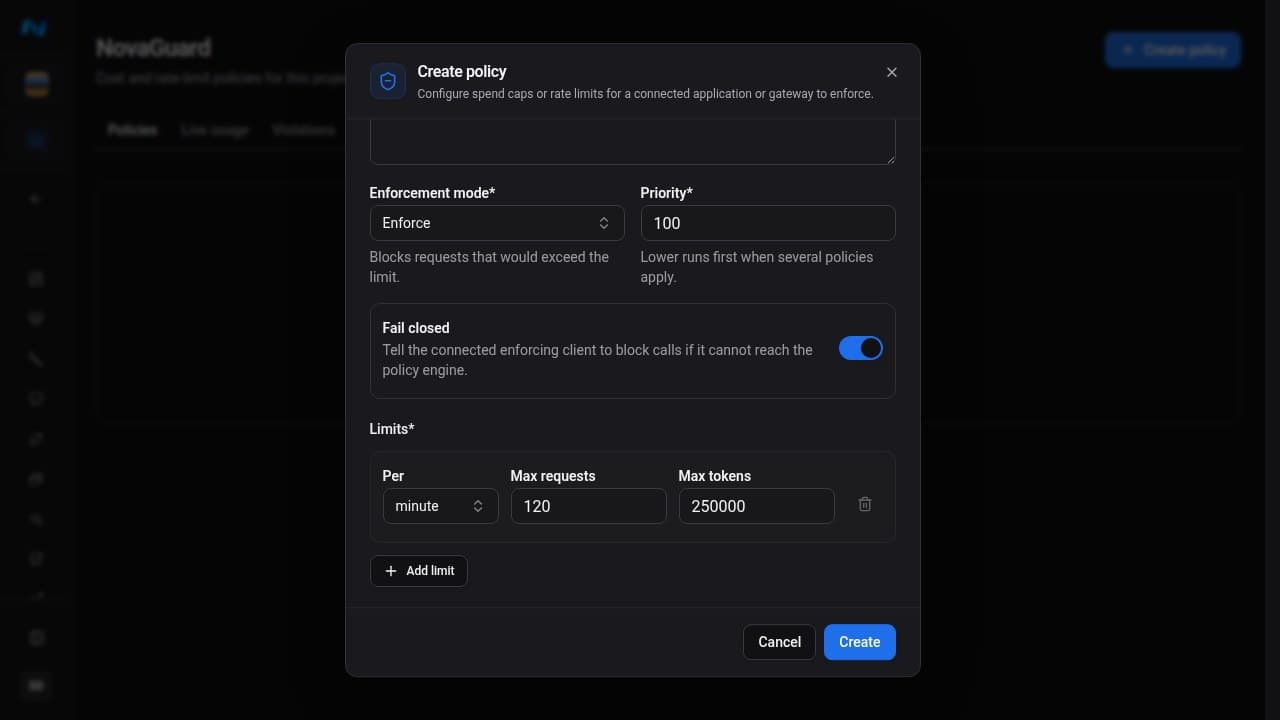 Authenticated NovaGuard Create policy dialog configured for a rate limit, with period, maximum-request, maximum-token, add-limit, and fail-closed controls