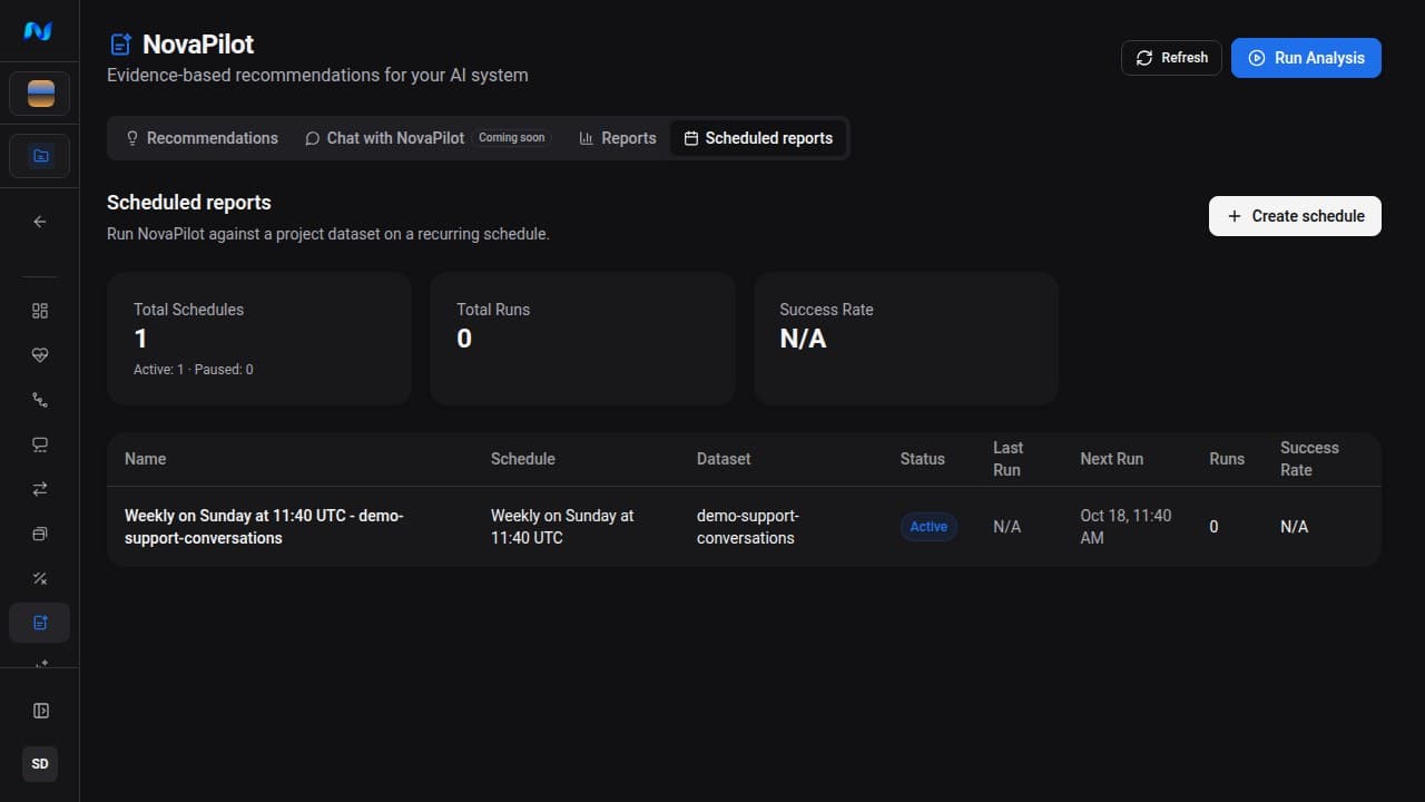 NovaPilot scheduled reports list
