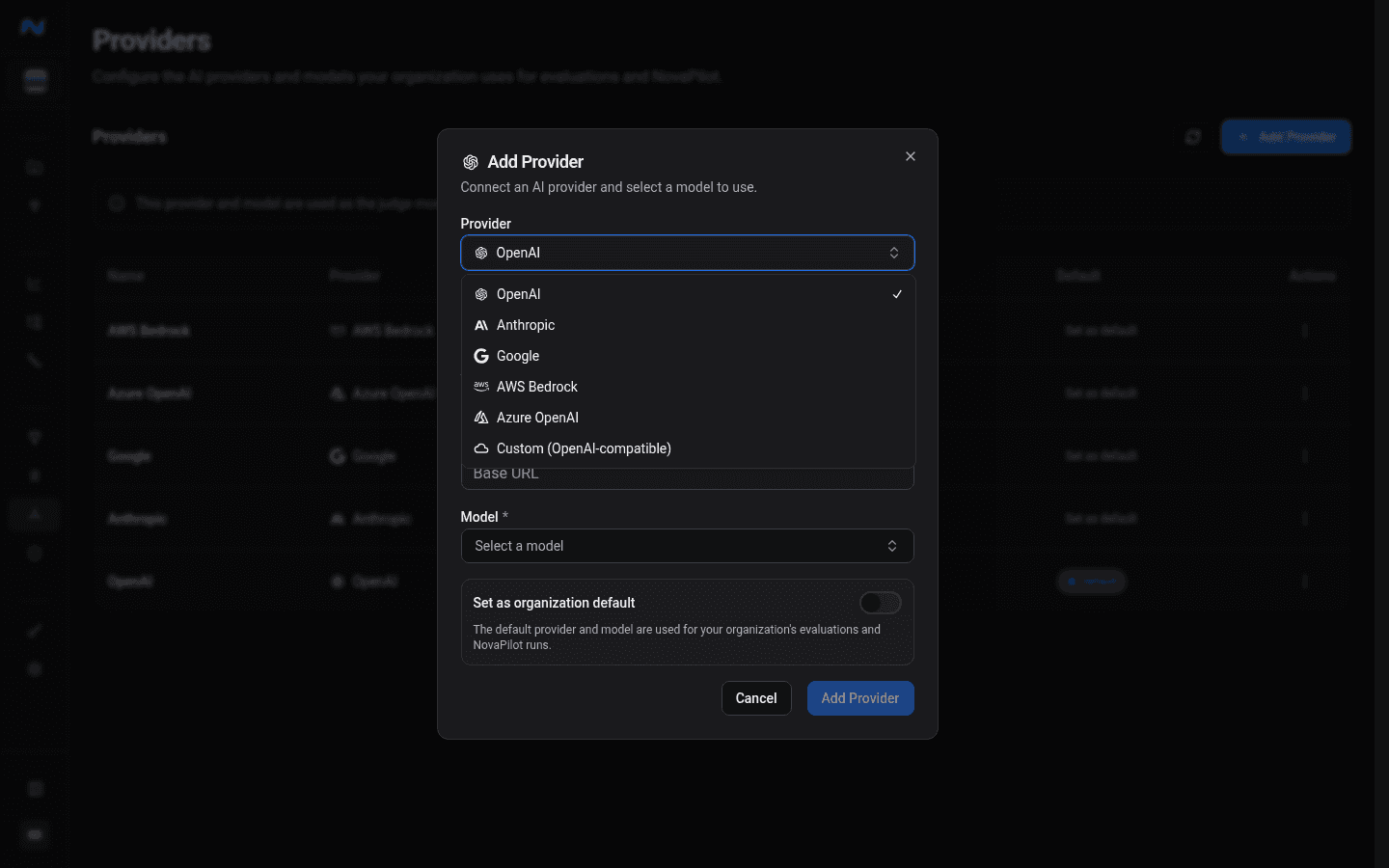 Authenticated Add Provider dialog with the provider selector open to OpenAI, Anthropic, Google, AWS Bedrock, Azure OpenAI, and Custom OpenAI-compatible options