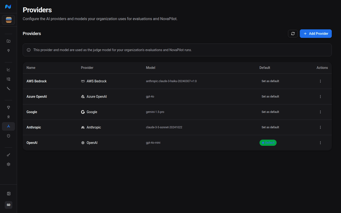 Authenticated organization Providers page showing configured AWS Bedrock, Azure OpenAI, Google, Anthropic, and OpenAI entries, model and default columns, and the Add Provider action