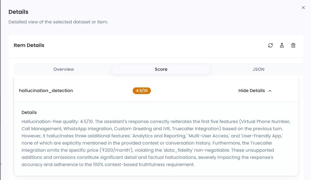 Hallucination detection score with detailed evaluator explanation