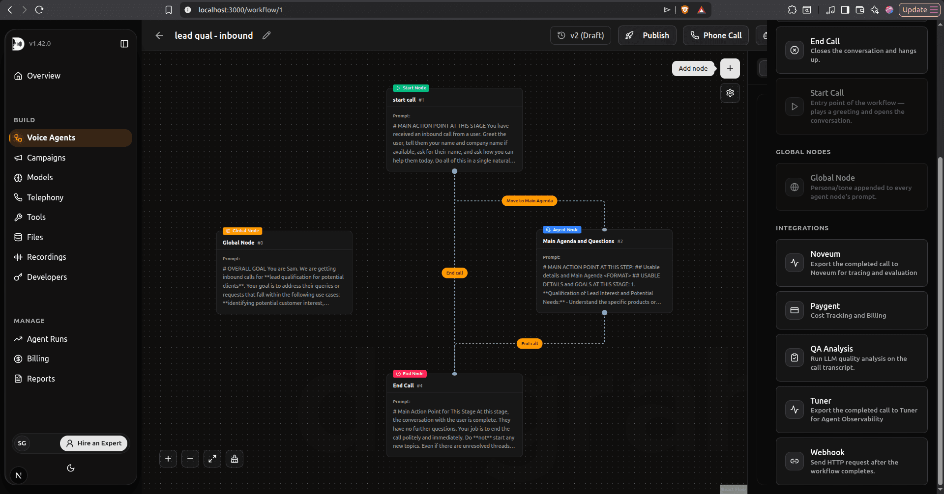 Dograh workflow editor: adding the Noveum node from the Integrations panel