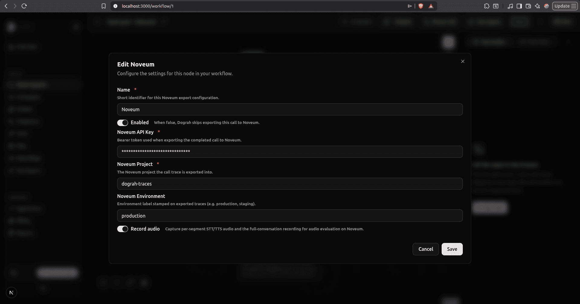 Dograh Noveum node configuration modal