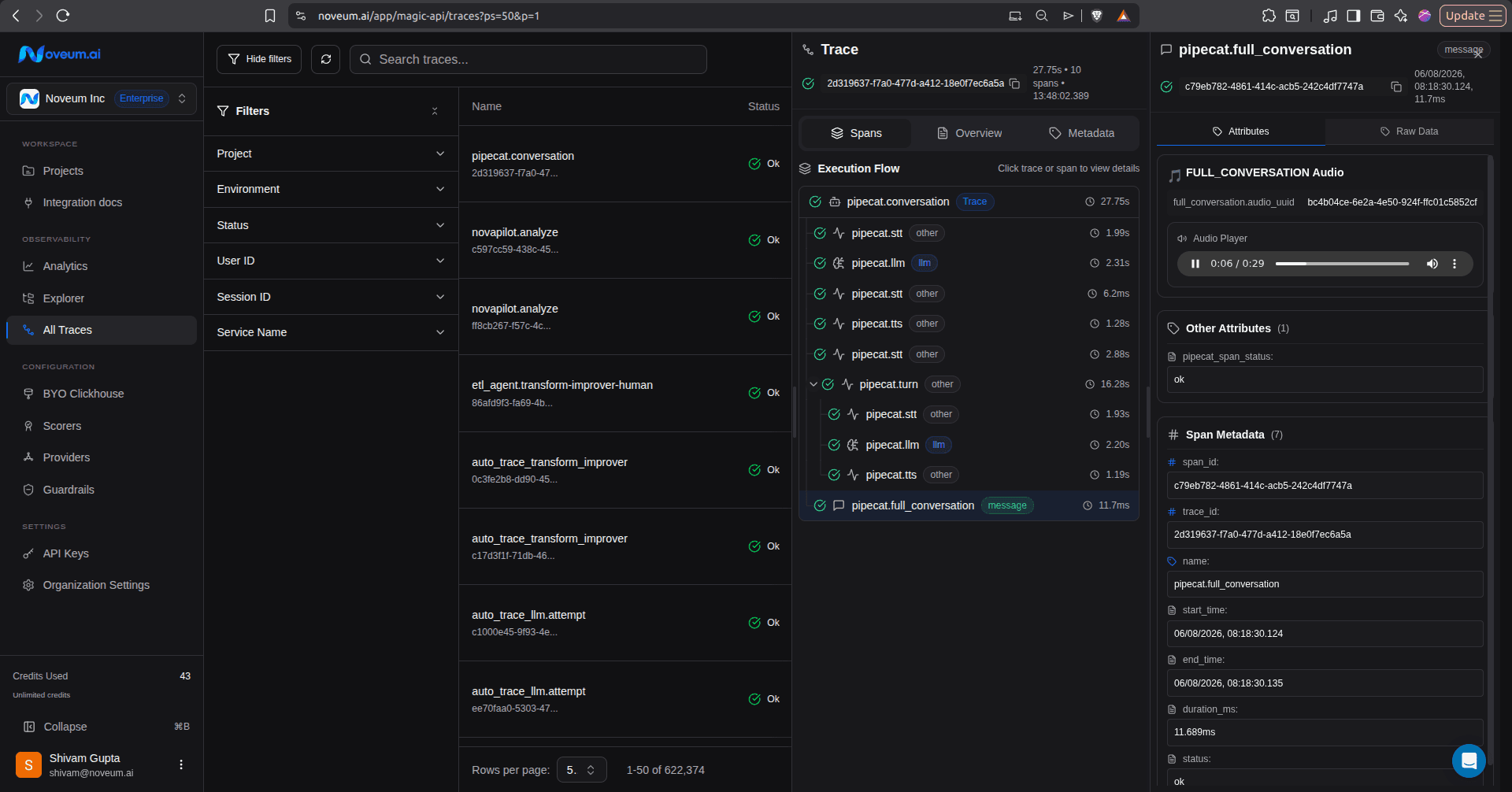 A Dograh call trace in the Noveum dashboard with turn, STT, LLM, and TTS spans