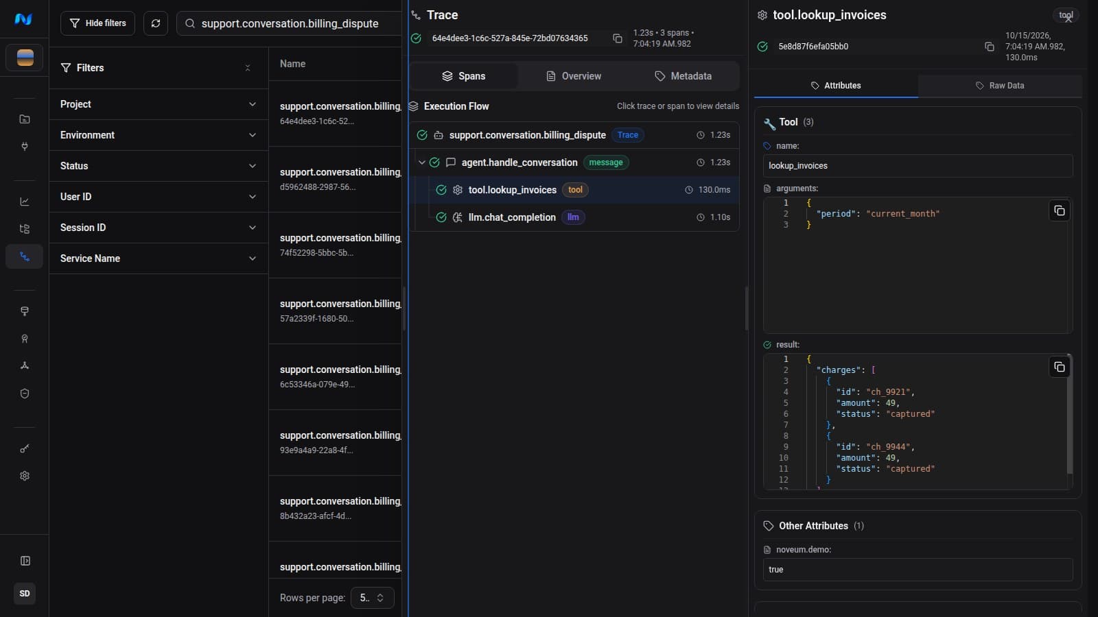 Organization All Traces with structured filters, a synthetic trace search, the flat result table, and the selected trace open in the Spans detail sheet