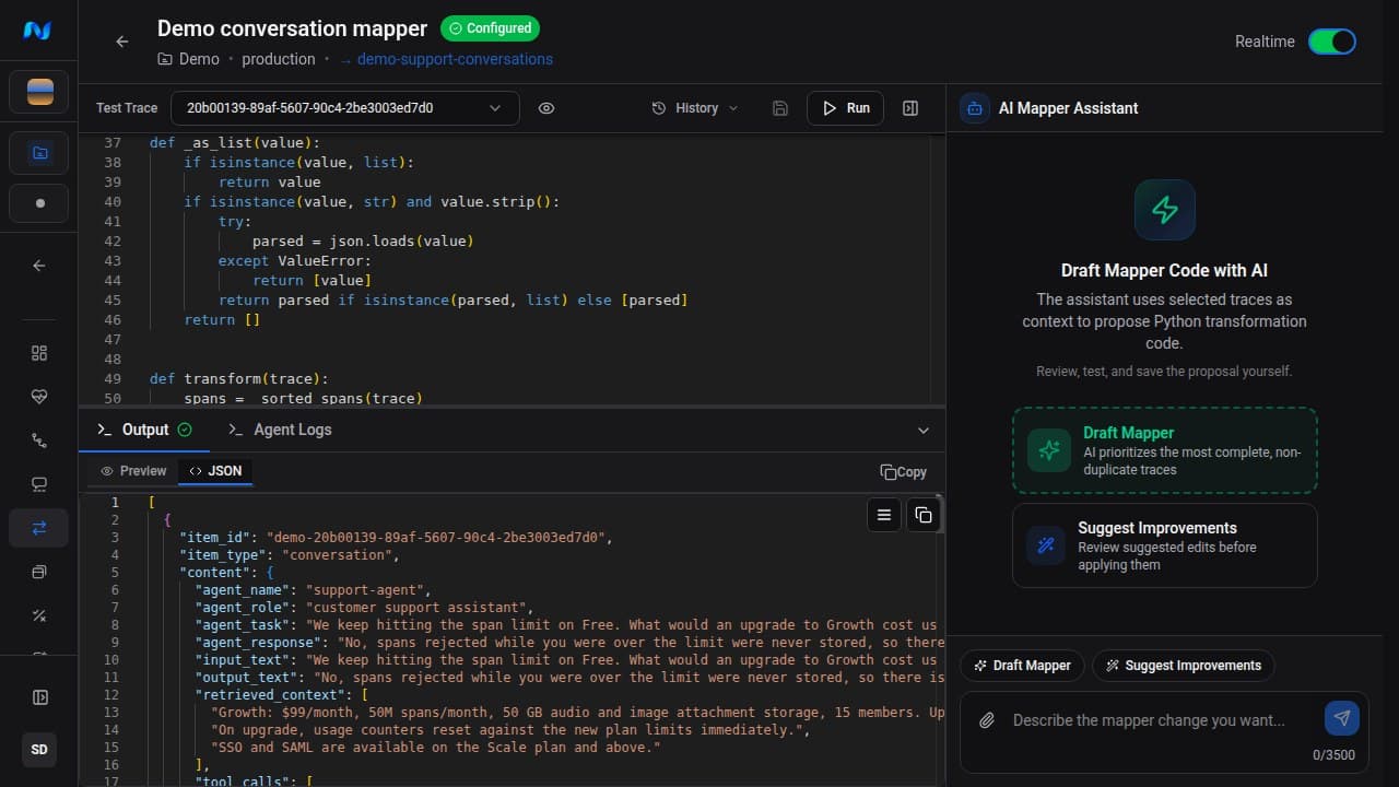 Demo mapper after successful execution with the Output drawer open, JSON selected, and normalized item ID, item type, agent fields, response text, and retrieved context visible