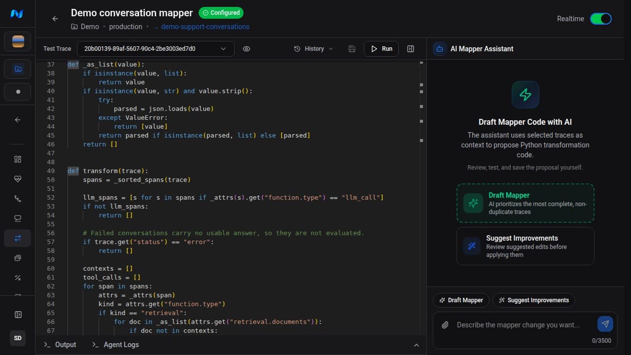 Demo AI Mapper with a selected test trace, Python transformation editor, History, Save, Run, realtime switch, and AI Mapper Assistant controls