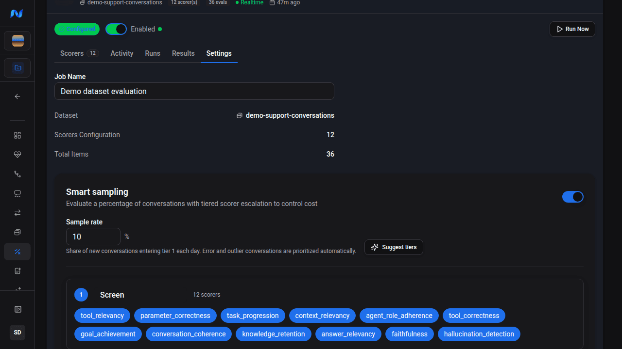 Demo eval-job Settings tab with Smart Sampling enabled, a 10 percent sample rate, and the Suggest tiers action