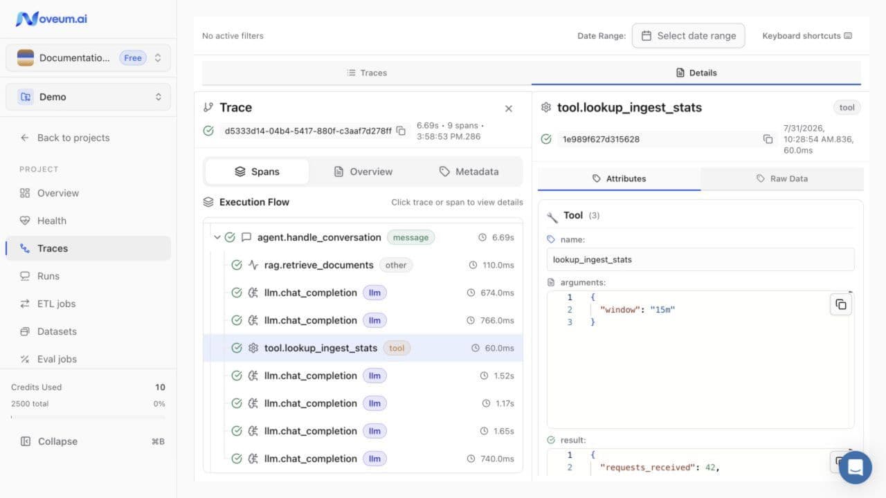 Authenticated noveum-trace Explorer with trace search, a nested span flow, and selected retrieval attributes
