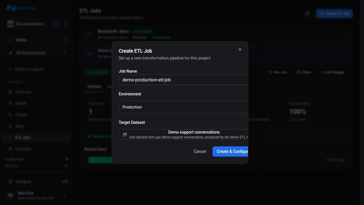 Create ETL job form with job name, project, environment, target dataset, and Create and Configure Mapper action