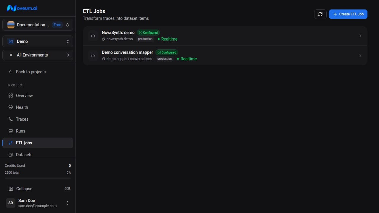 Project ETL job directory with configuration state, destination dataset, environment, and processing controls
