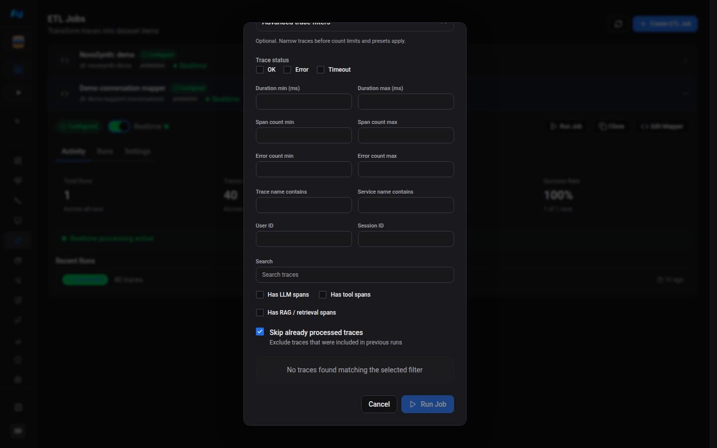 Lower Run ETL Job dialog with identity, search, LLM, tool, and retrieval-span filters, duplicate protection, and the live preview