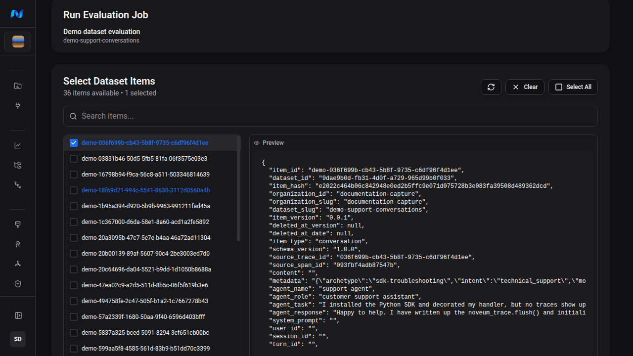 Evaluation item selection and JSON preview