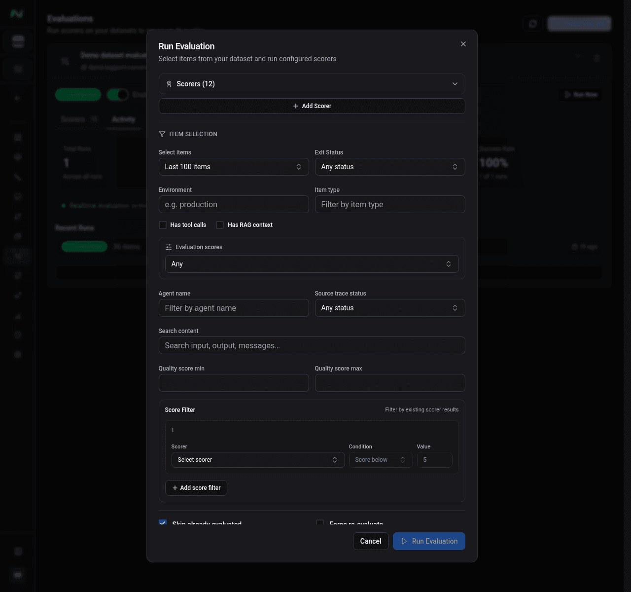 Run Evaluation filters and cost preview