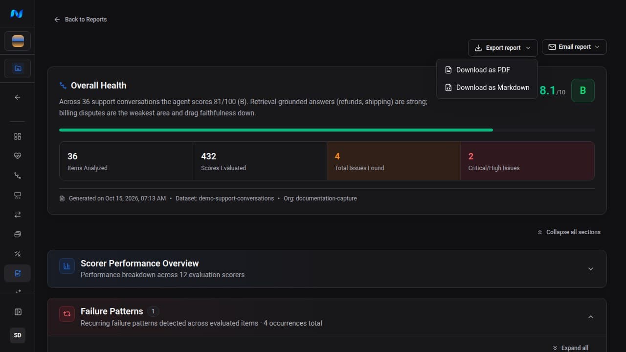 Authenticated NovaPilot report with the Export report menu open and Download as PDF and Download as Markdown options visible