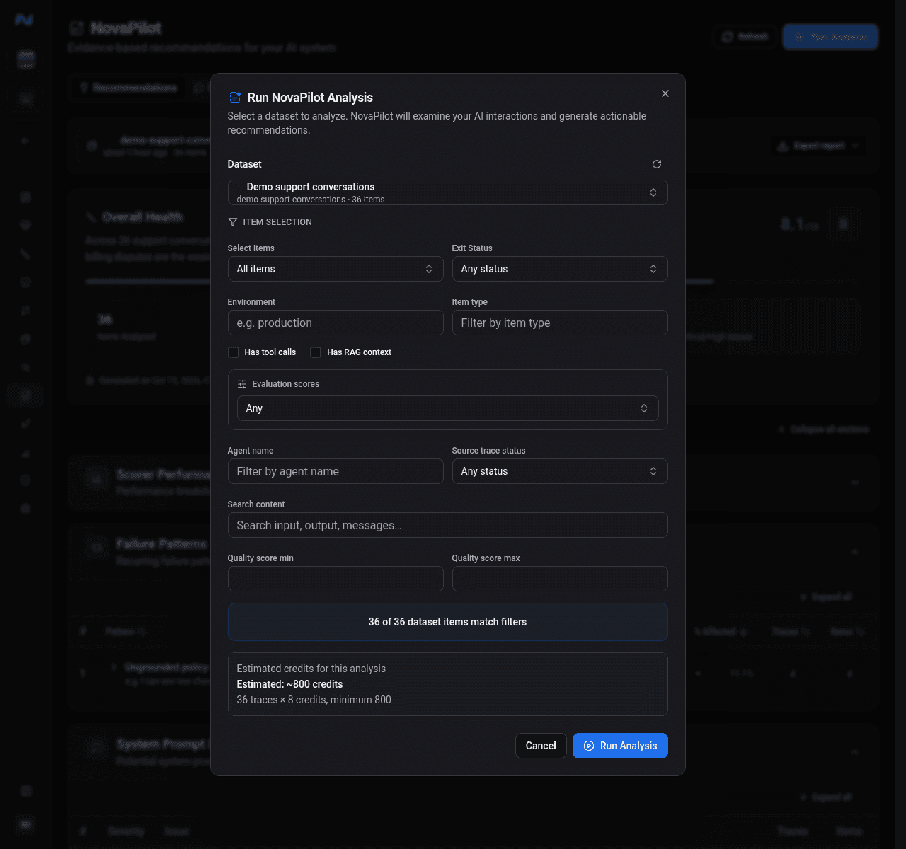 NovaPilot analysis filters and cost preview