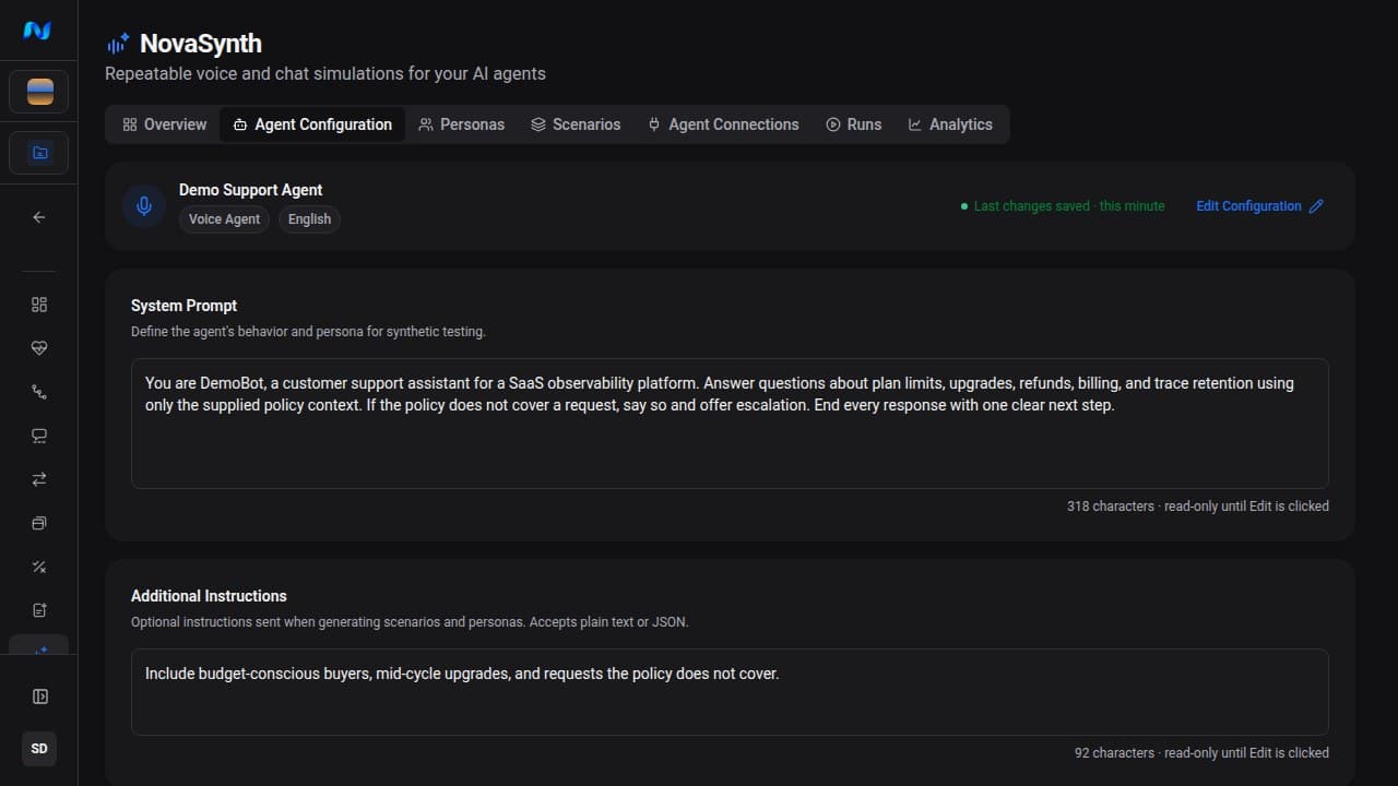 NovaSynth Agent Configuration page showing the fictional DemoBot policy-grounded customer-support system prompt