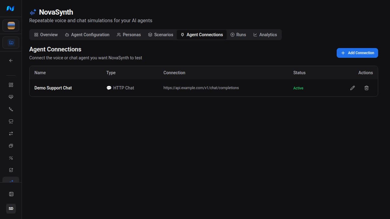 NovaSynth Agent Connections list with one active Demo Support Chat HTTP Chat connection, its endpoint, and edit and delete actions