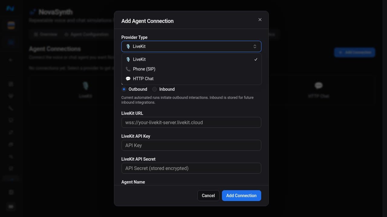 Add Agent Connection dialog showing the three currently selectable provider types: LiveKit, Phone SIP, and HTTP Chat