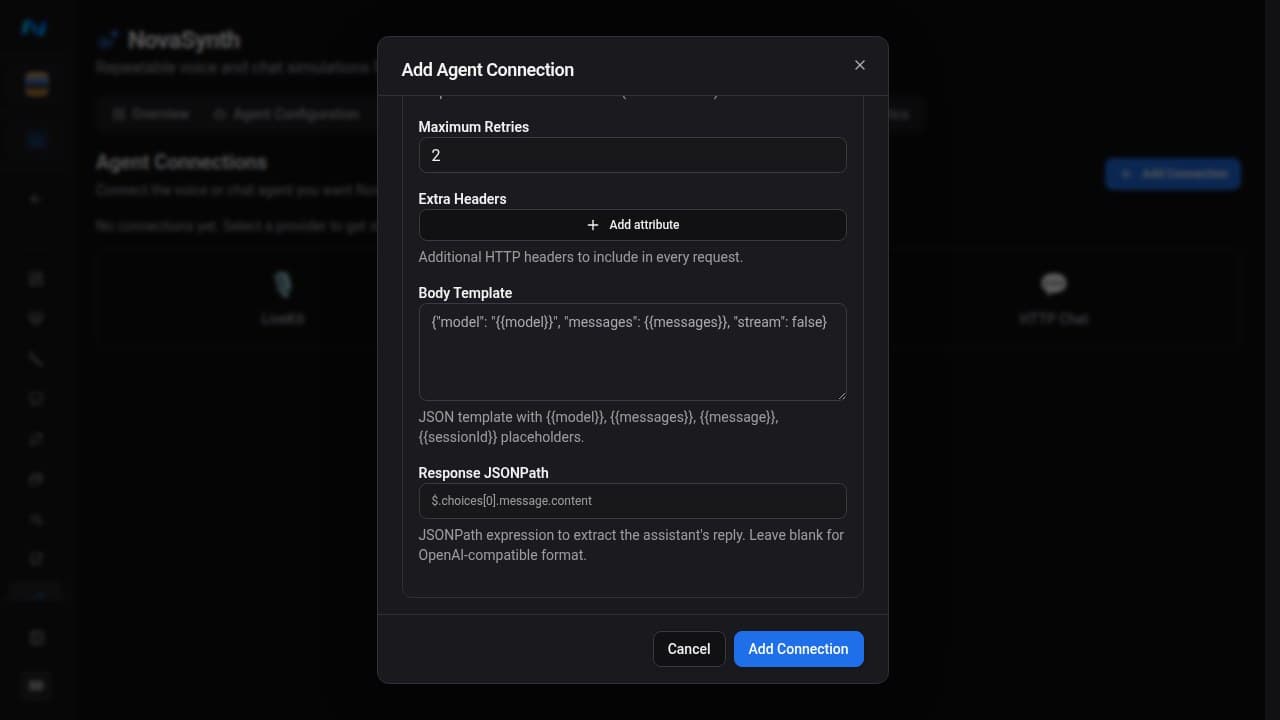 Expanded HTTP Chat Advanced Options showing two maximum retries, Extra Headers, the JSON body template, and Response JSONPath fields