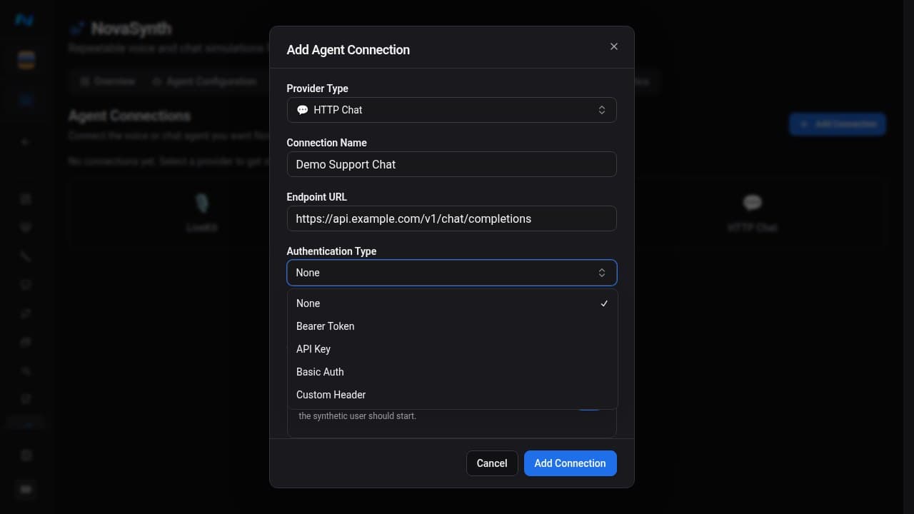 HTTP Chat Authentication Type menu listing None, Bearer Token, API Key, Basic Auth, and Custom Header without displaying any credentials