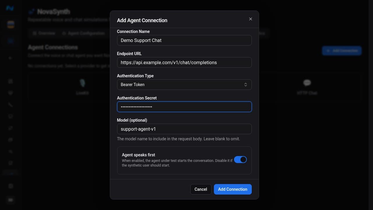 Completed HTTP Chat connection fields with a fictional HTTPS endpoint, Bearer Token selected, a masked authentication secret, an optional model, and the Agent speaks first control