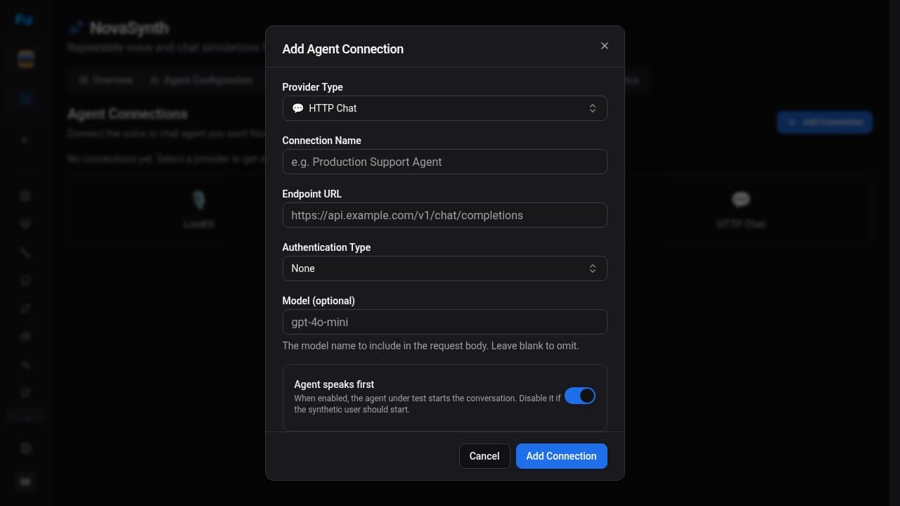 Add Agent Connection dialog with HTTP Chat selected, empty connection-name and endpoint fields, Authentication Type set to None, an optional model field, and Agent speaks first enabled