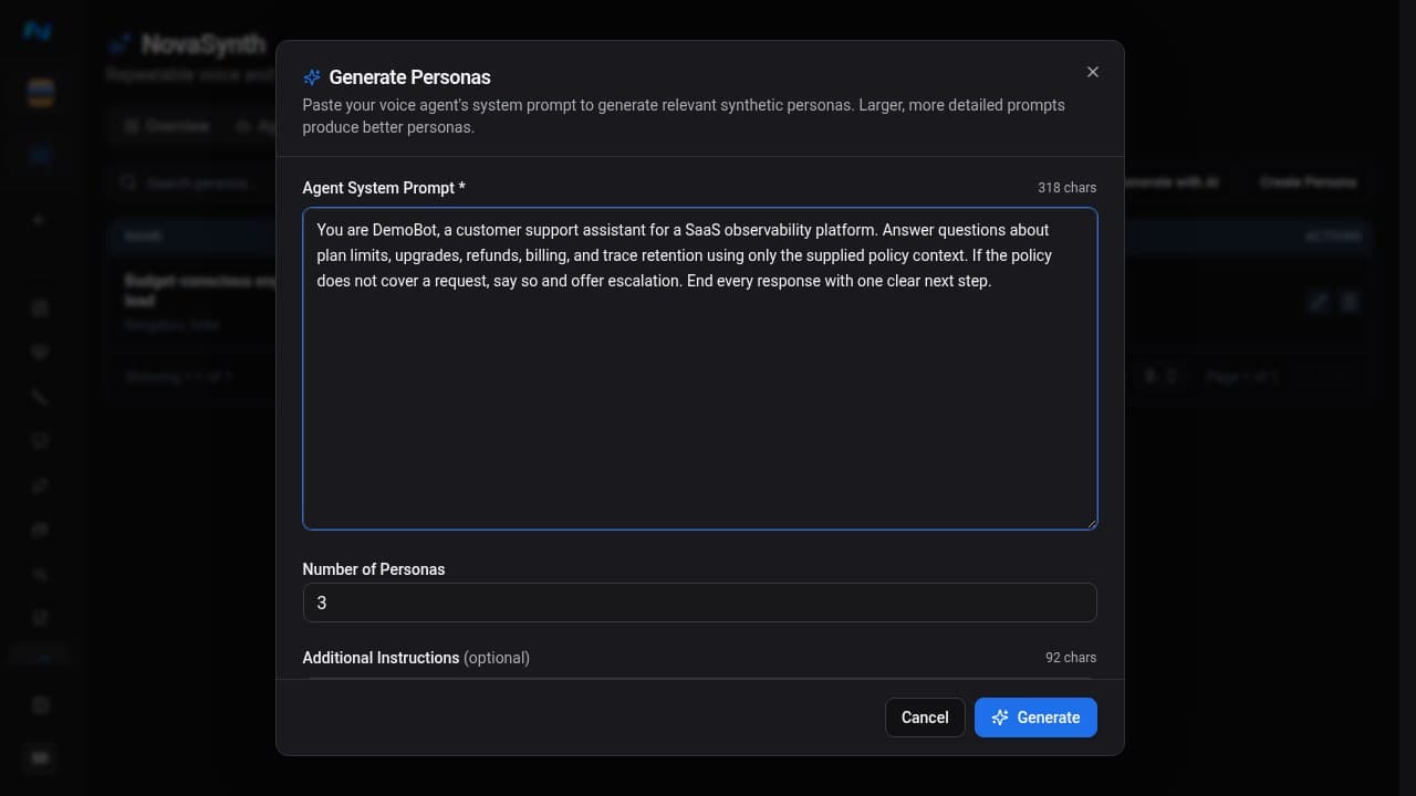 Generate Personas dialog pre-filled from the saved support-agent prompt, with persona count, additional testing instructions, and the Generate action