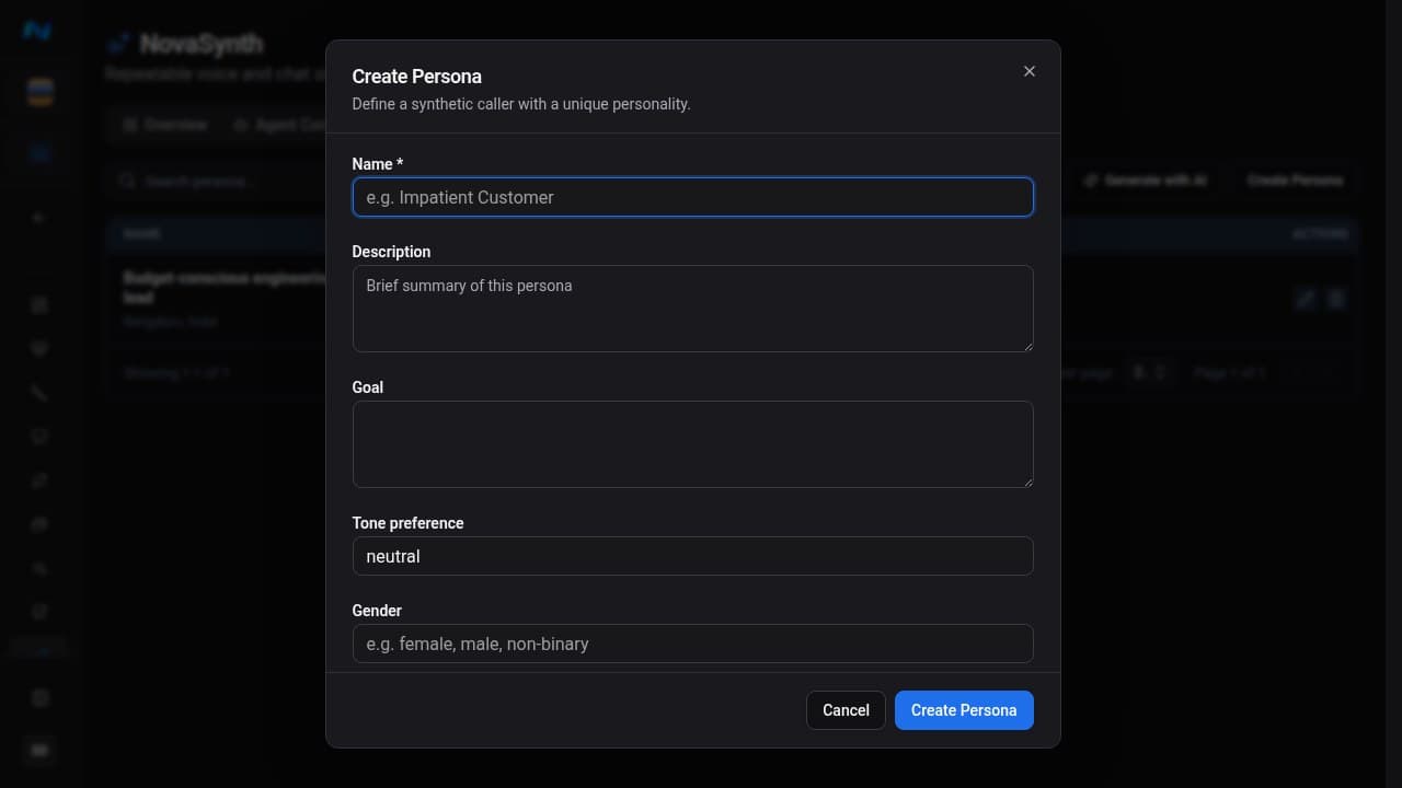 Upper Create Persona dialog showing the required name, description, goal, tone preference, and gender fields