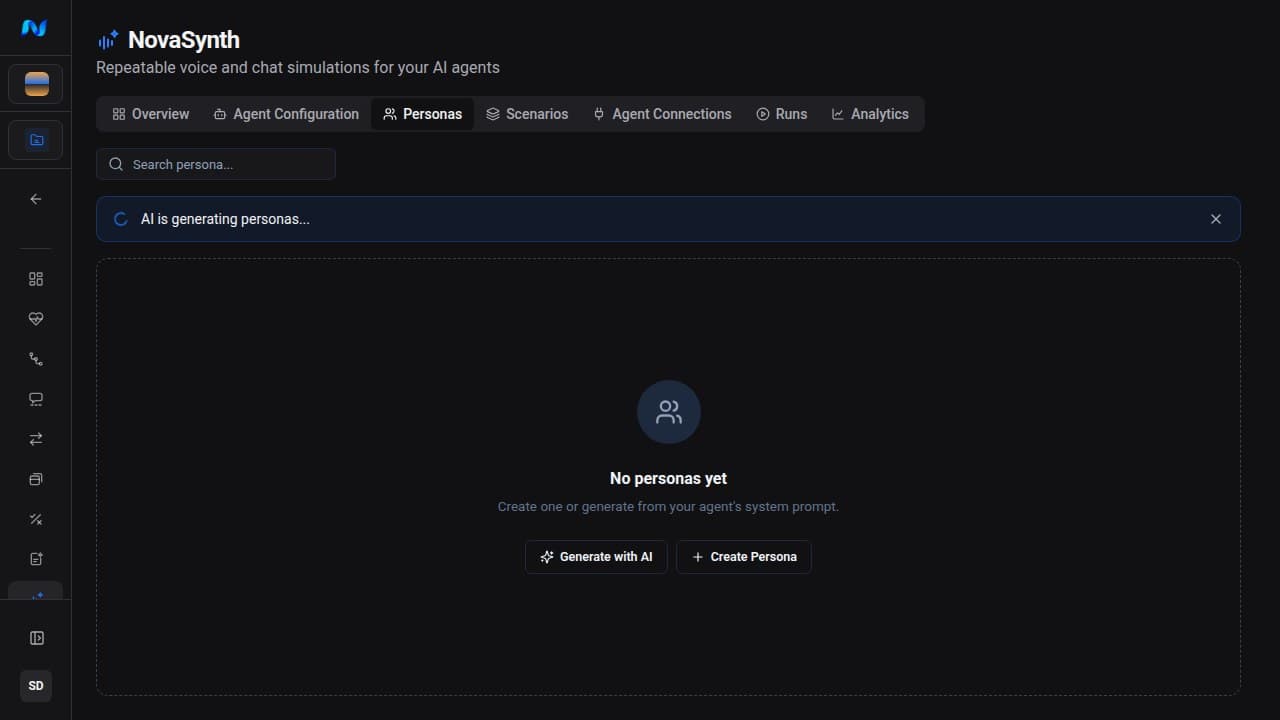 NovaSynth Personas page with an AI is generating personas progress banner above a No personas yet empty state