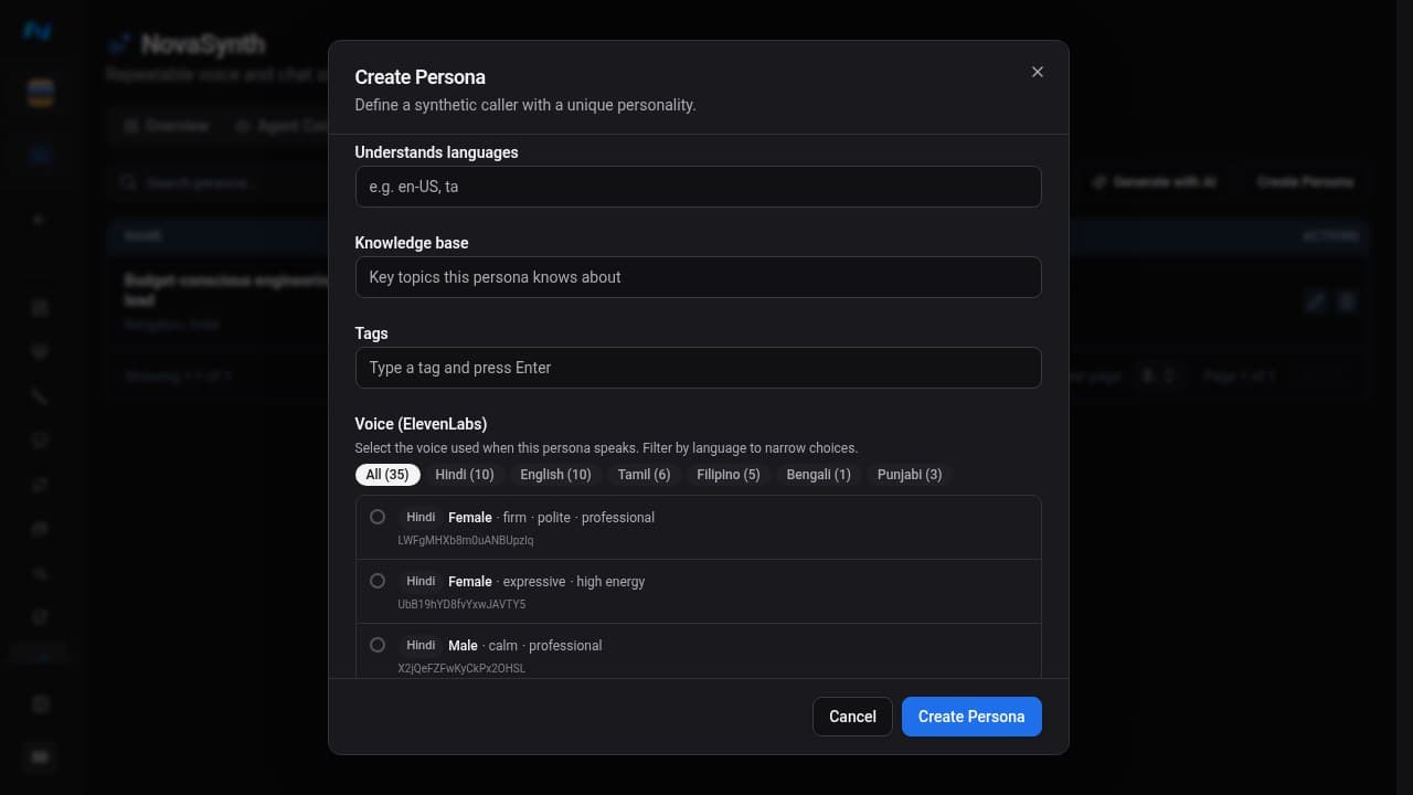 Lower Create Persona form showing understood languages, knowledge base, tags, and an ElevenLabs voice picker with language filters