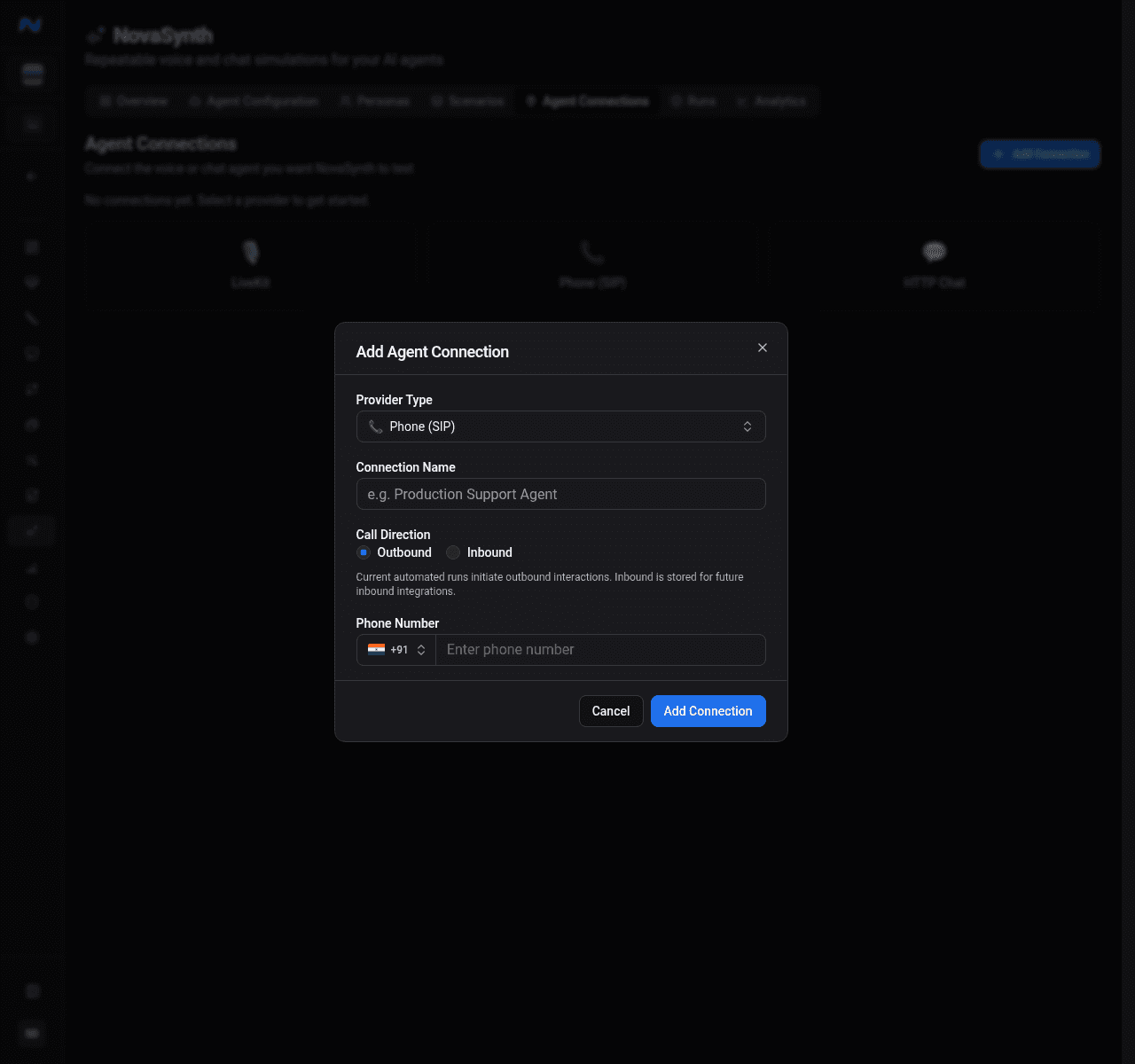 Add Agent Connection dialog with Phone SIP selected, an empty connection name, outbound and inbound direction controls, country dial code, and empty phone-number field