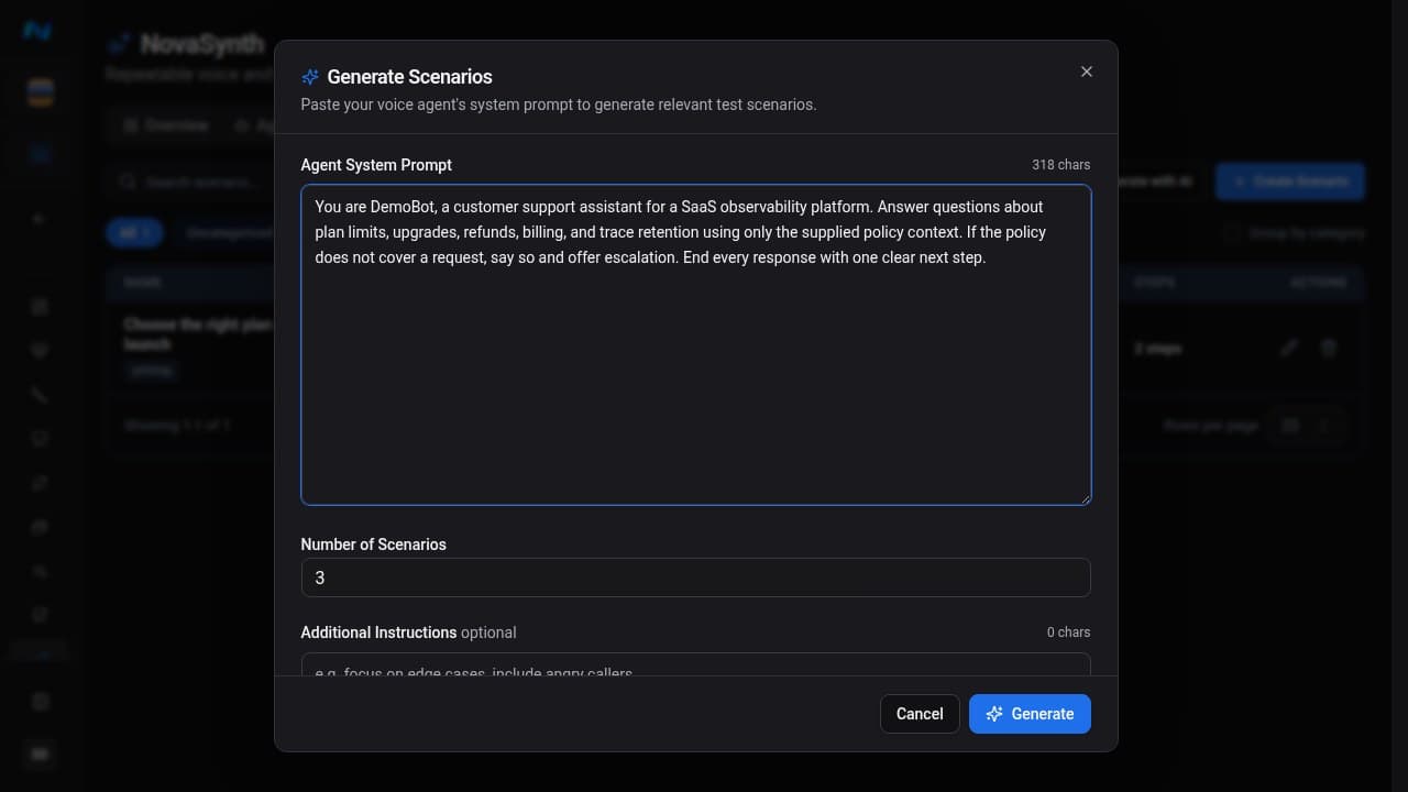 Generate Scenarios dialog pre-filled from the saved support-agent prompt, with scenario count, an empty additional instructions field, and the Generate action