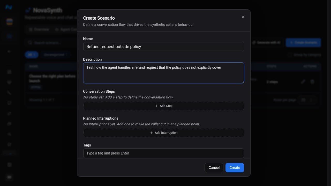 Create Scenario dialog showing the required name, description, empty Conversation Steps area with Add Step, and tags