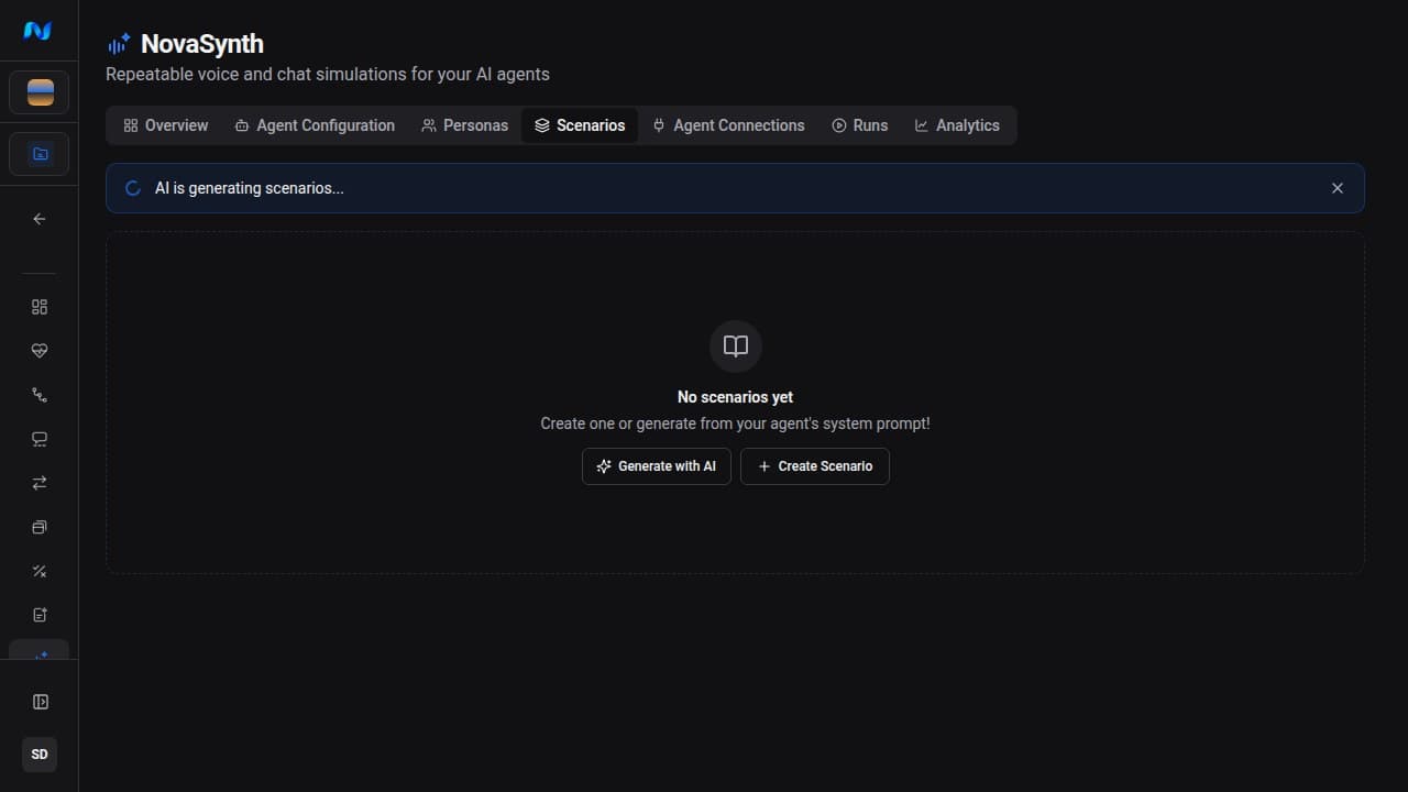 NovaSynth Scenarios page with an AI is generating scenarios progress banner above a No scenarios yet empty state
