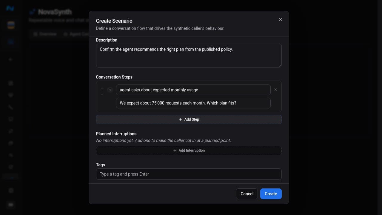 Create Scenario dialog with one numbered Conversation Step containing an optional condition, the caller action, a remove control, and the Add Step button