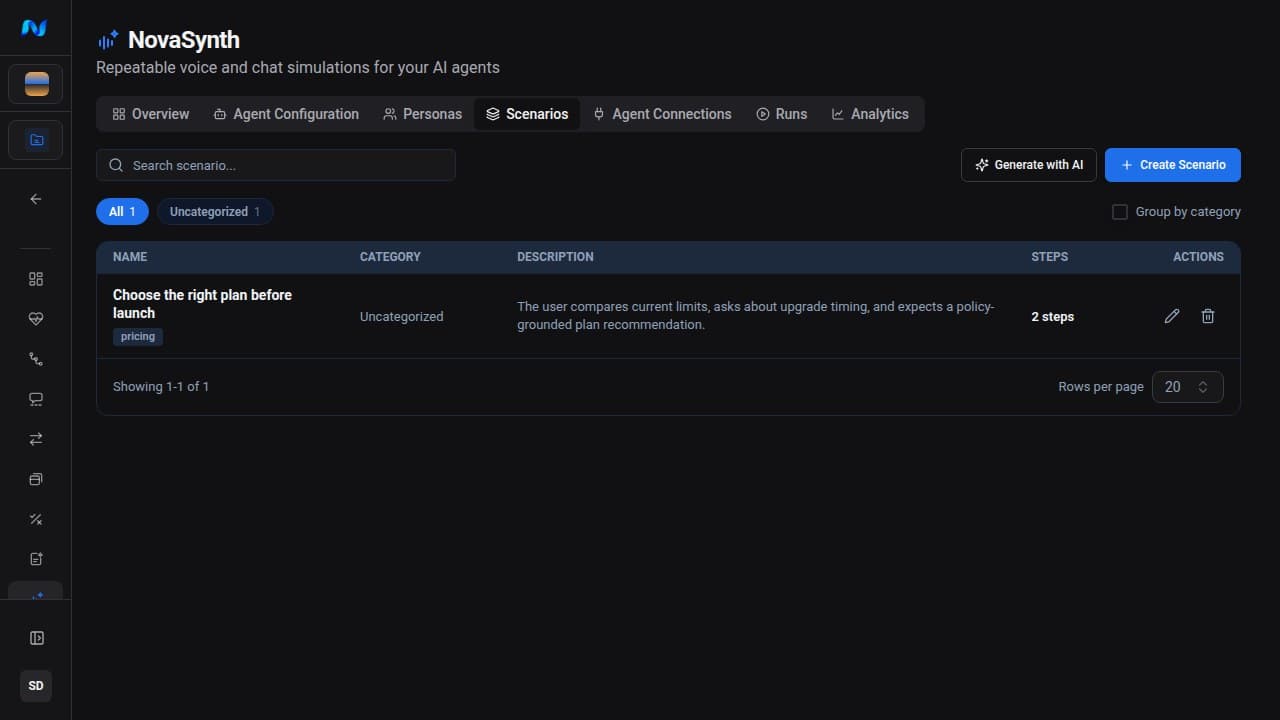NovaSynth Scenarios page with Generate with AI and Create Scenario actions plus a plan-selection scenario showing its description, step count, and edit and delete controls