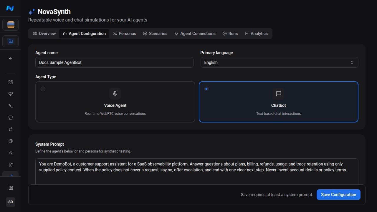 NovaSynth Agent Configuration form for Docs Sample Agent with the agent name, English as the primary language, Chatbot selected as the agent type, and a policy-grounded customer-support system prompt