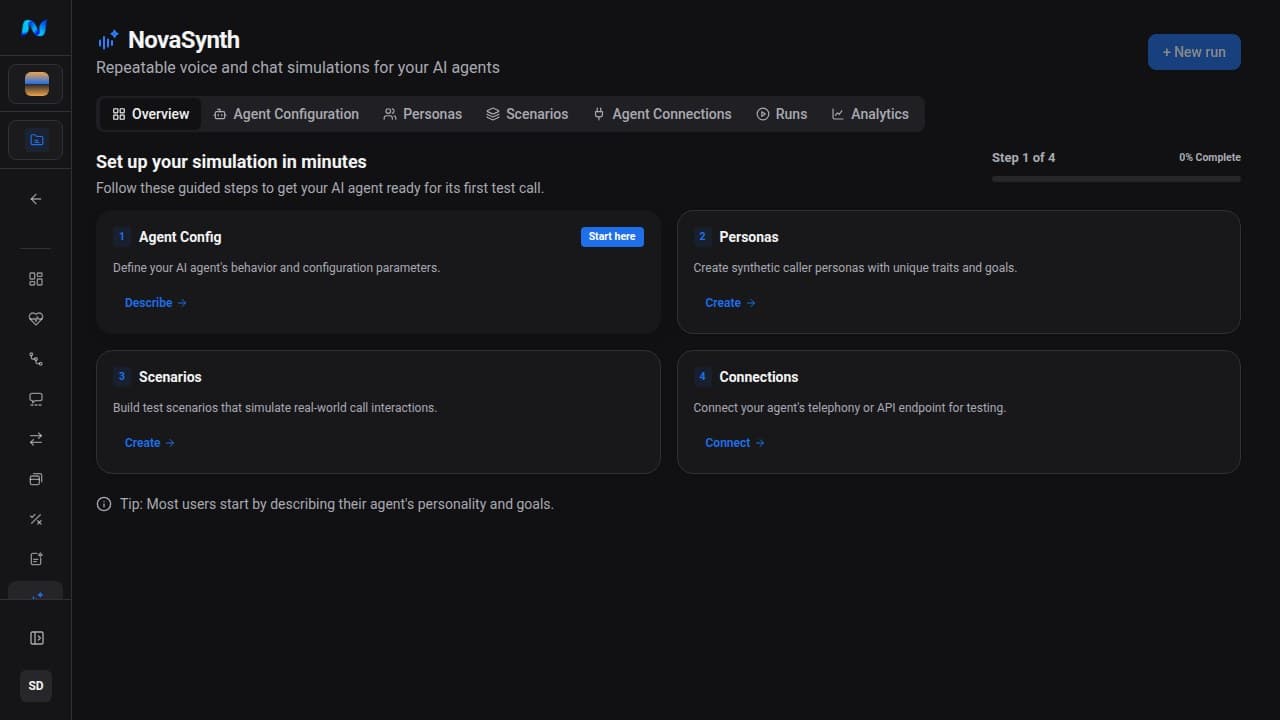 NovaSynth Overview for the fresh Docs Sample Agent project showing the four-step setup checklist at step 1 of 4: Agent Config, Personas, Scenarios, and Connections