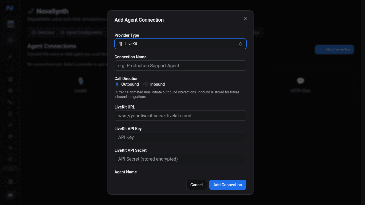 Add Agent Connection dialog with LiveKit selected and fields for connection name, call direction, WebSocket URL, API key, API secret, and agent name