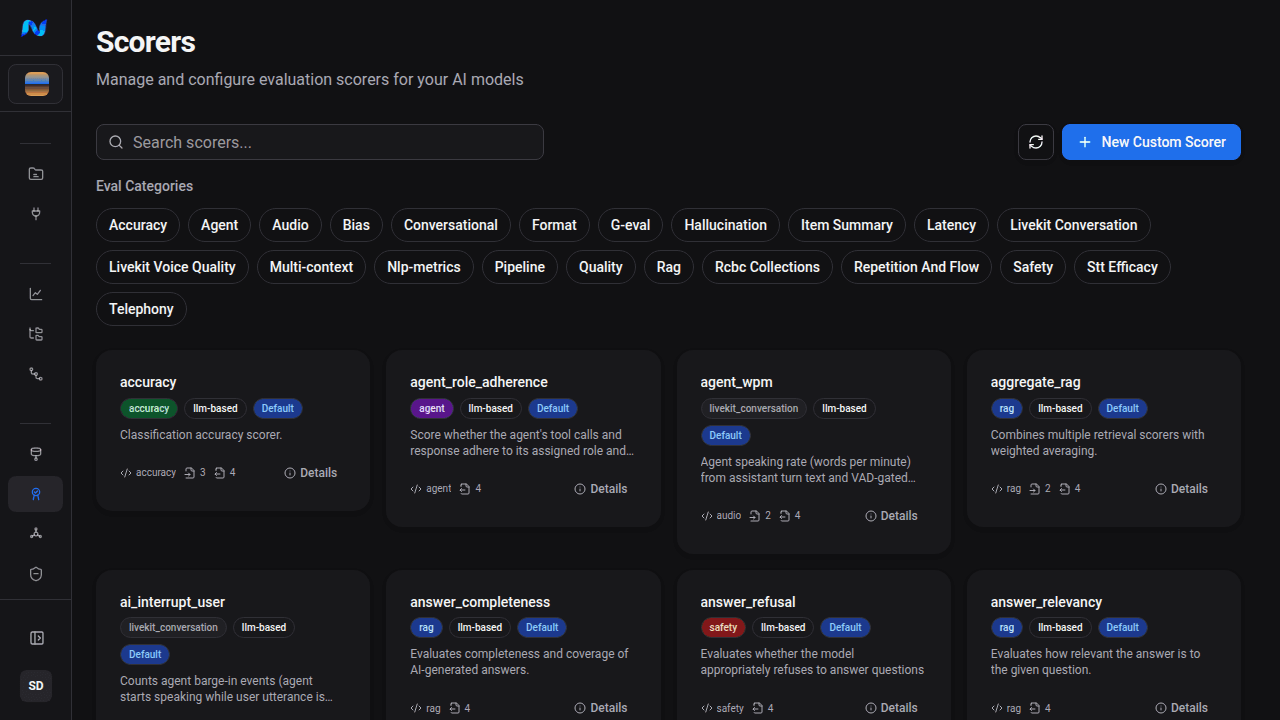 Noveum scorer directory with scorer-name search, evaluation-category and tag filter chips, built-in scorer cards, Details actions, and New Custom Scorer button