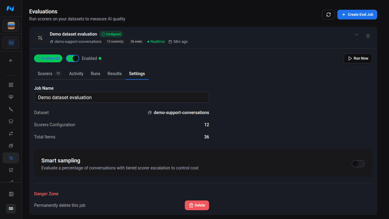 Authenticated Demo evaluation Settings tab showing its job name, dataset, 12-scorer count, 36 total items, and disabled Smart sampling switch