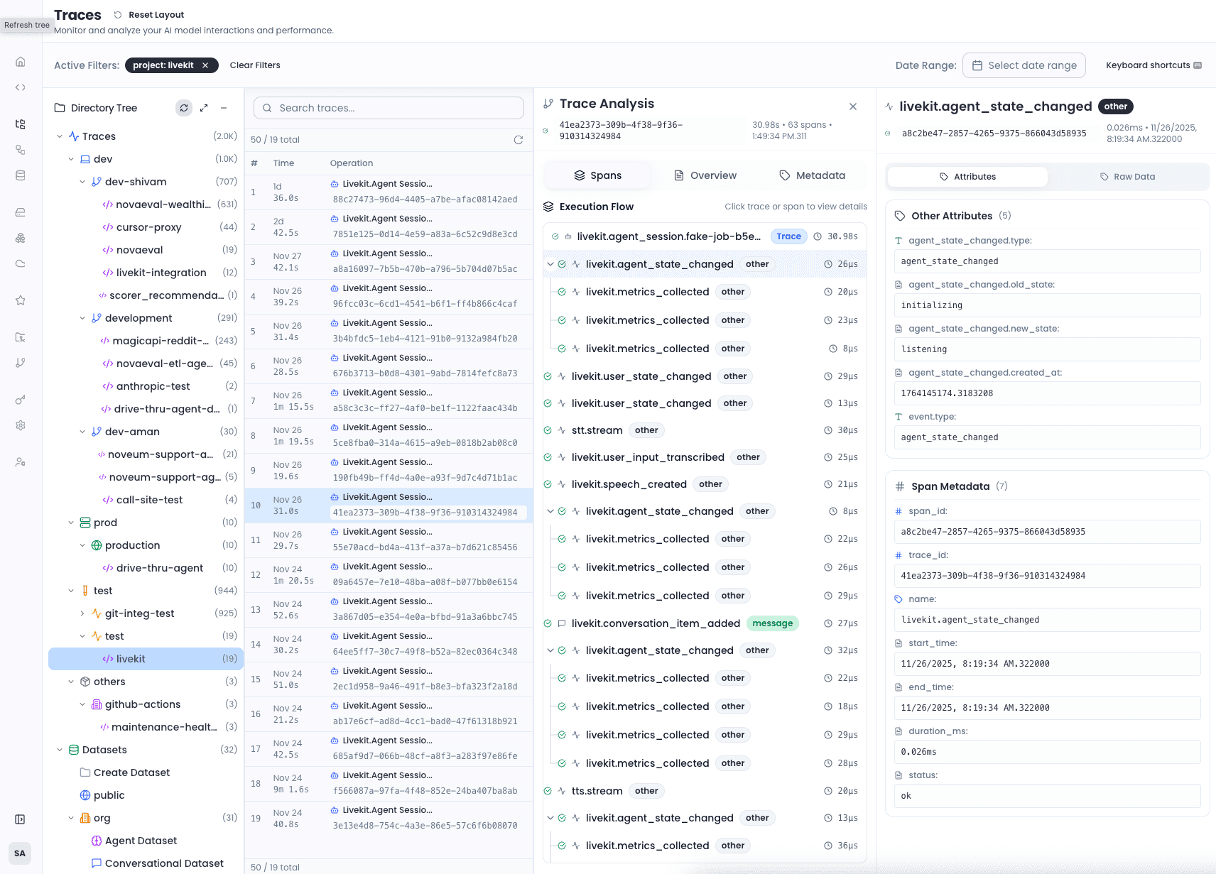 Noveum.ai Trace Viewer showing hierarchical agent execution