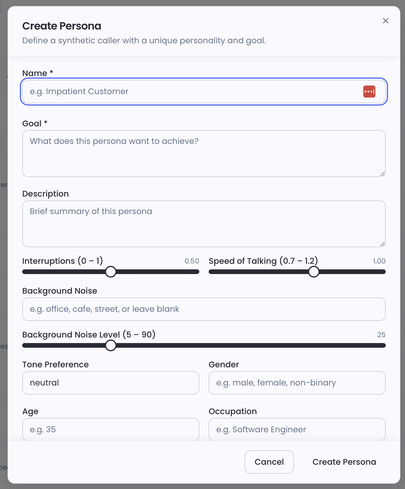 Create Persona dialog showing Name, Goal, Description, Interruptions slider, Speed of Talking slider, Background Noise, Tone Preference, Gender, Age, and Occupation fields